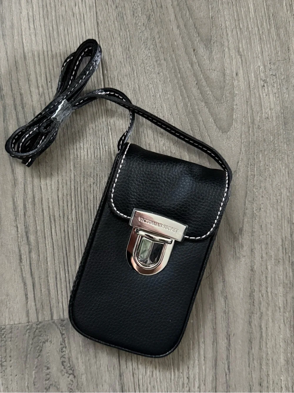Victoria's Secret Black Leather Crossbody Phone Pouch with Silver Hardware